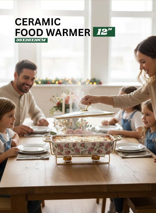 FEELINGS Ceramic Food Warmer ,Ceramic Chafing Dish with Lid & Gold Warming Stand, 12-Inch – SD-61211-P - Image 4
